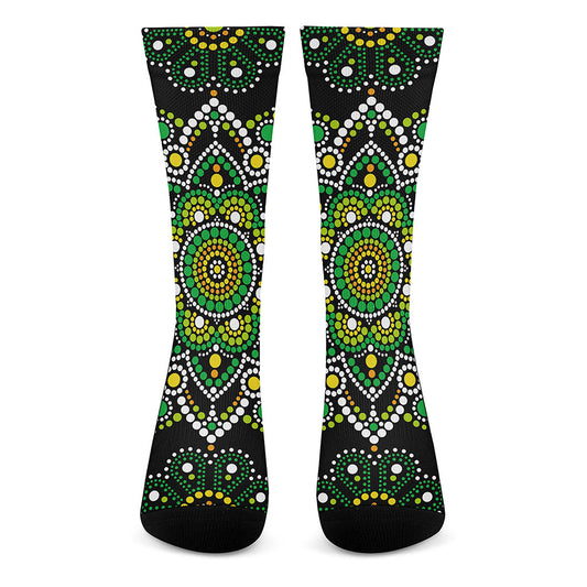 Green White Dot Mandala Print Crew Socks