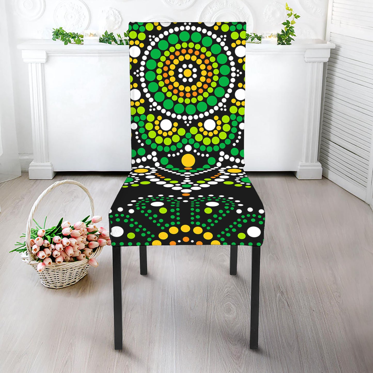 Green White Dot Mandala Print Dining Chair Slipcover