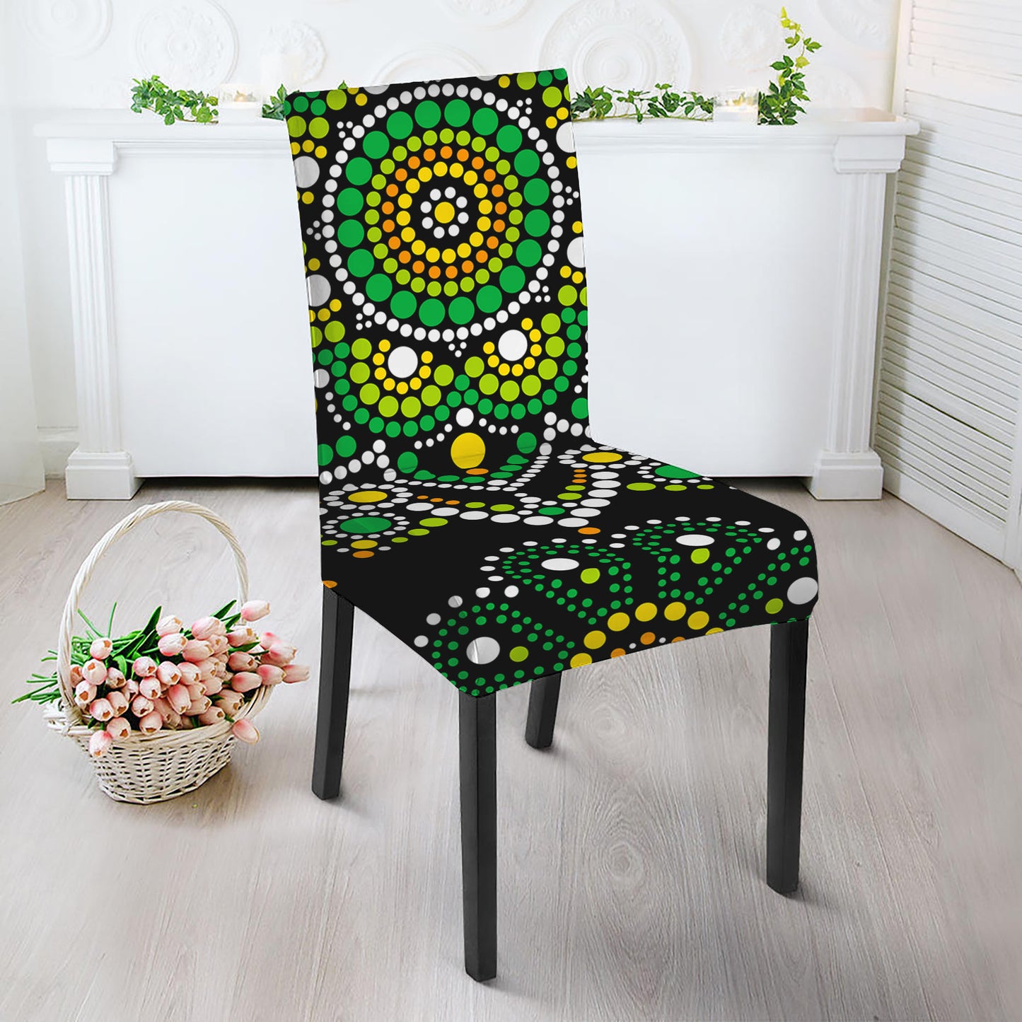 Green White Dot Mandala Print Dining Chair Slipcover