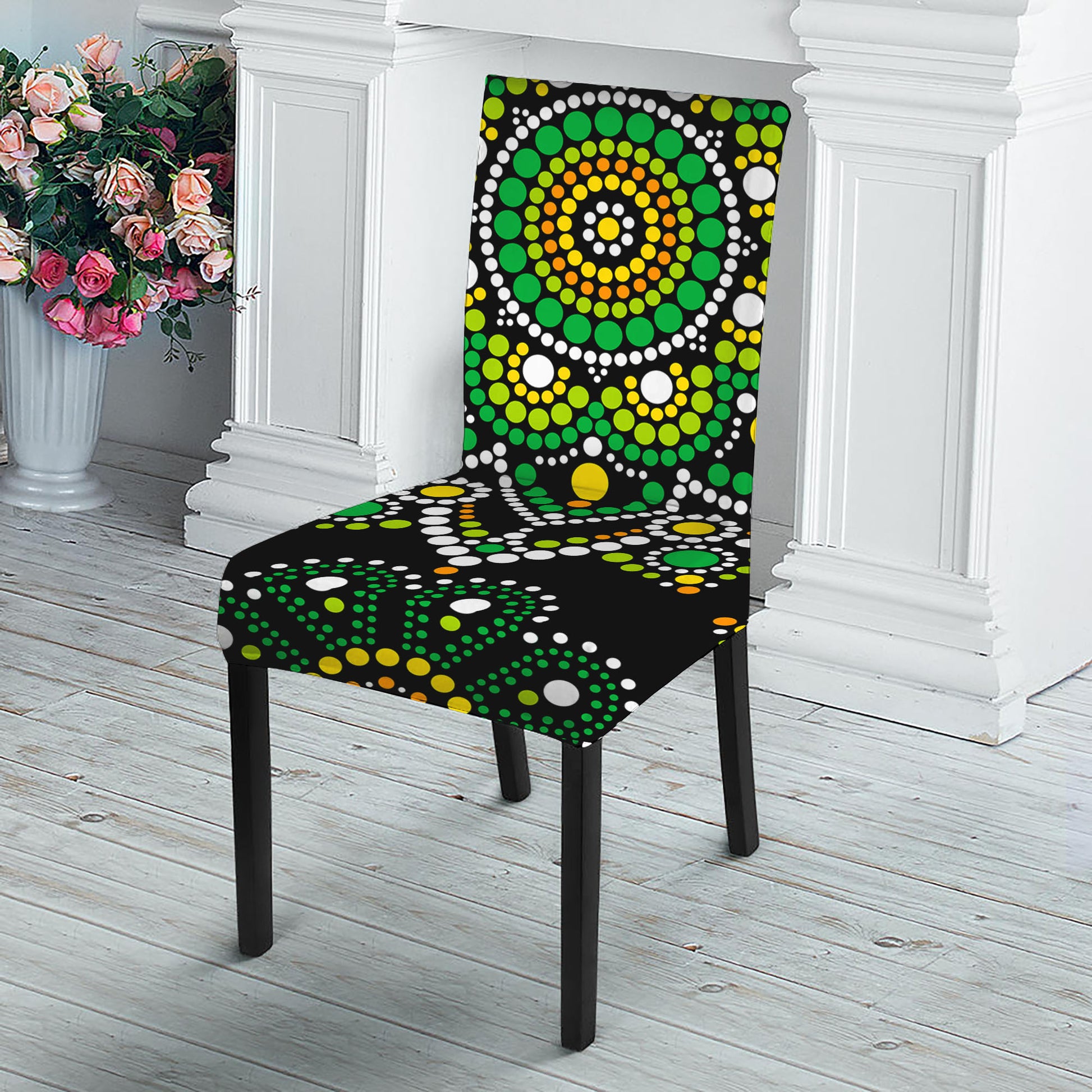 Green White Dot Mandala Print Dining Chair Slipcover