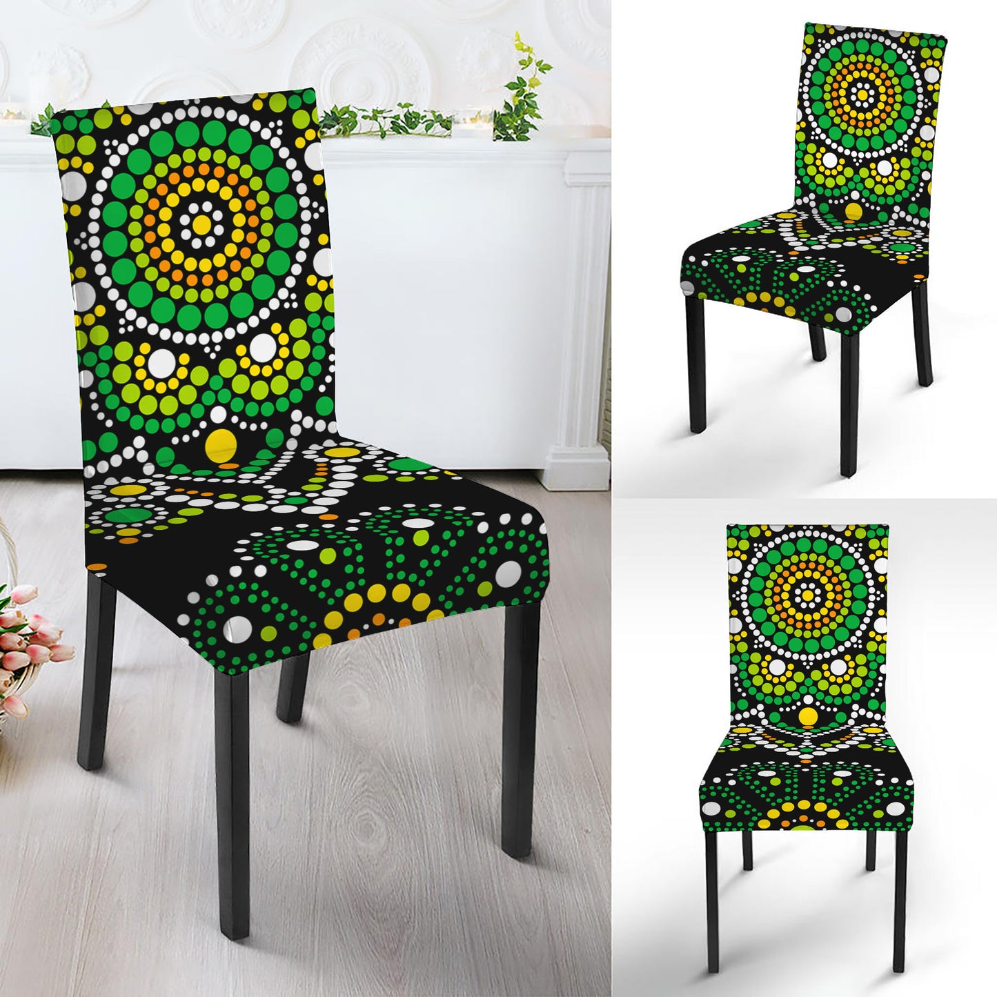 Green White Dot Mandala Print Dining Chair Slipcover