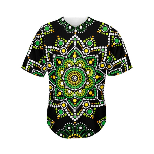 Green White Dot Mandala Print Men's Baseball Jersey