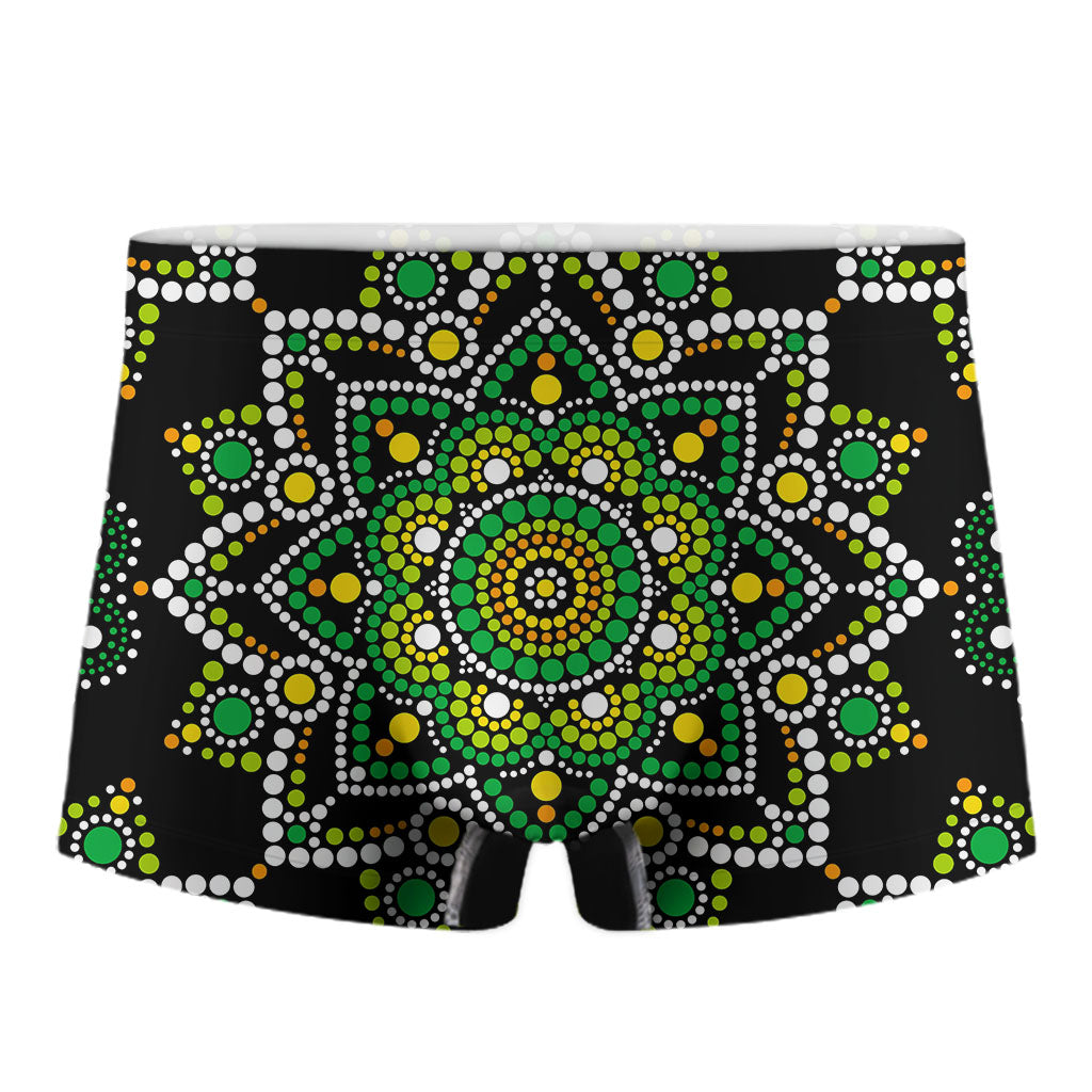 Green White Dot Mandala Print Men's Boxer Briefs