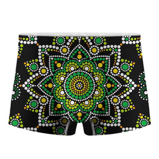 Green White Dot Mandala Print Men's Boxer Briefs