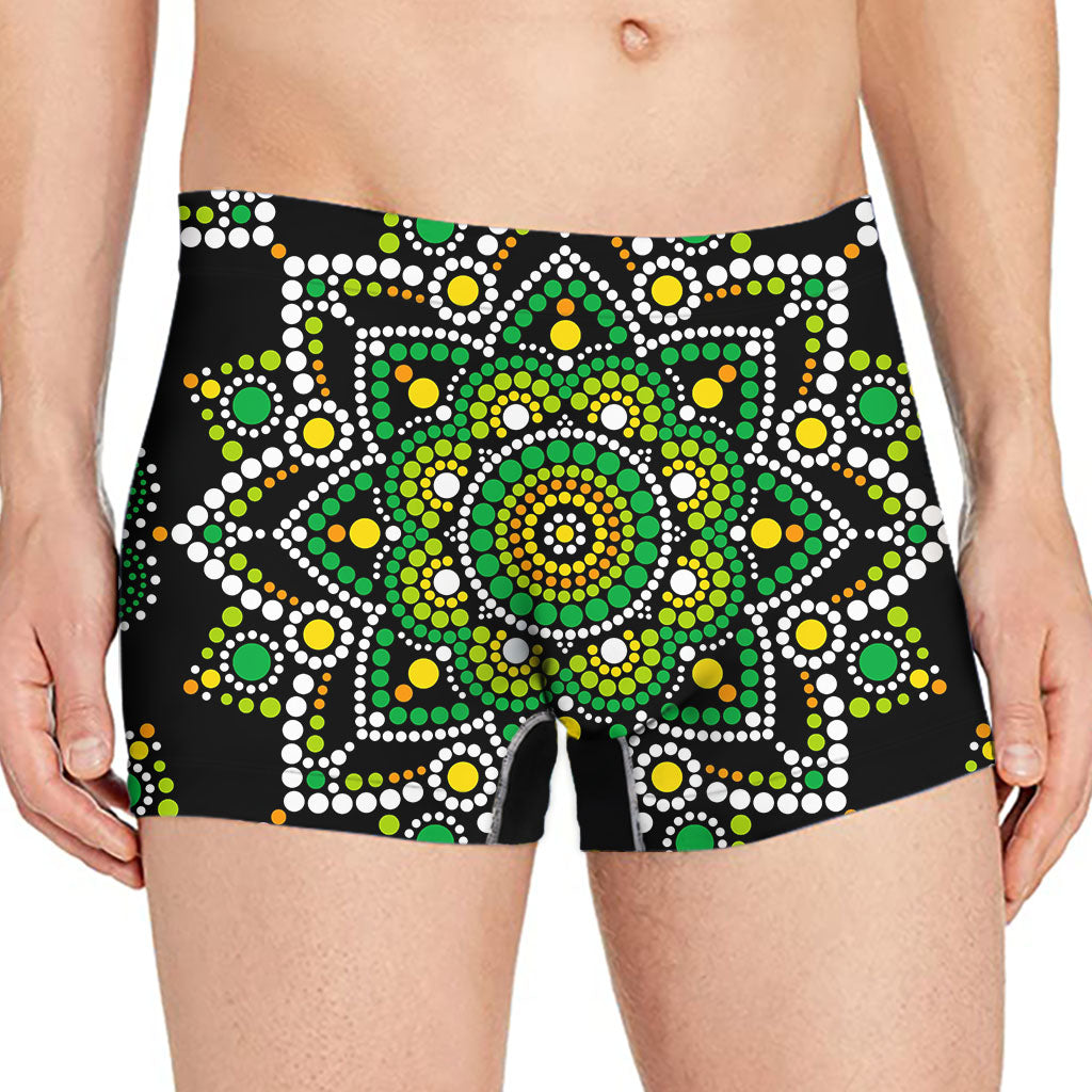 Green White Dot Mandala Print Men's Boxer Briefs