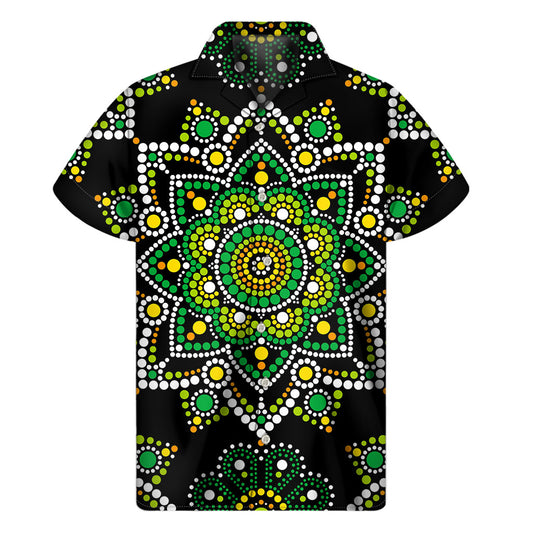 Green White Dot Mandala Print Men's Short Sleeve Shirt