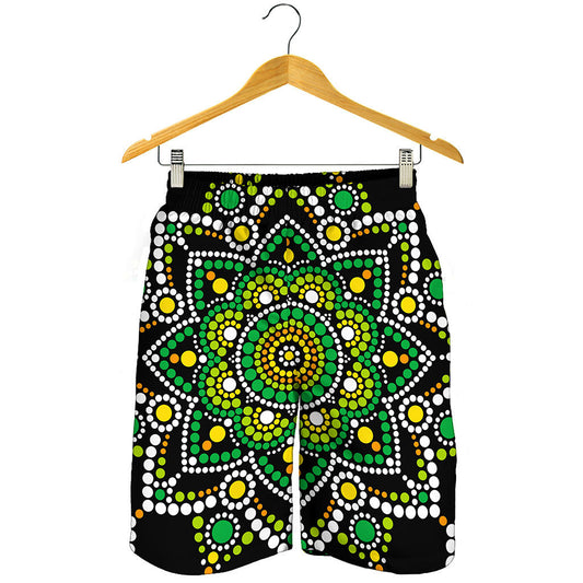 Green White Dot Mandala Print Men's Shorts