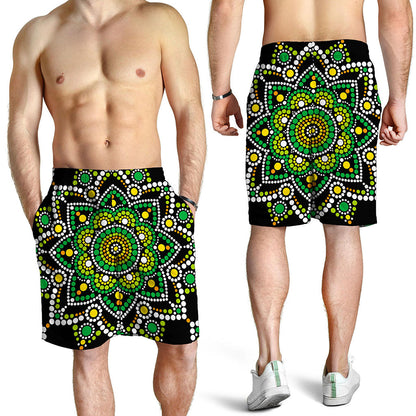 Green White Dot Mandala Print Men's Shorts
