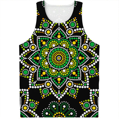 Green White Dot Mandala Print Men's Tank Top