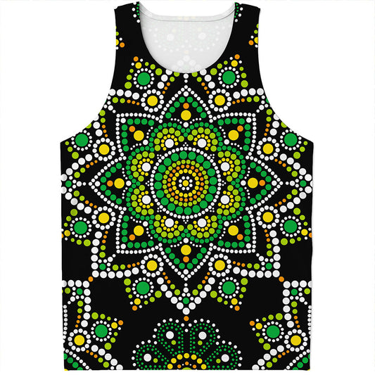 Green White Dot Mandala Print Men's Tank Top