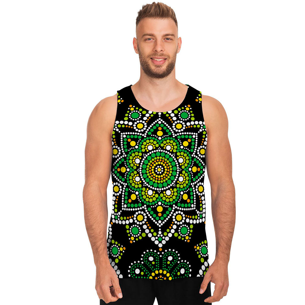 Green White Dot Mandala Print Men's Tank Top