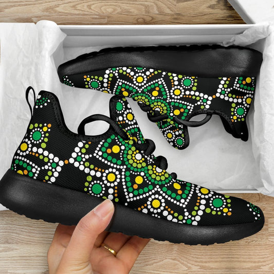 Green White Dot Mandala Print Mesh Knit Shoes GearFrost