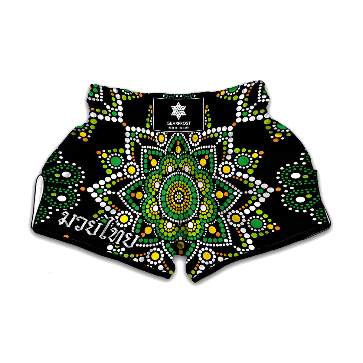 Green White Dot Mandala Print Muay Thai Boxing Shorts