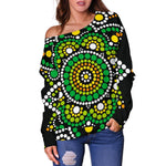 Green White Dot Mandala Print Off Shoulder Sweatshirt GearFrost