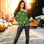 Green White Dot Mandala Print Off Shoulder Sweatshirt GearFrost
