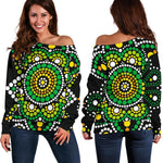 Green White Dot Mandala Print Off Shoulder Sweatshirt GearFrost