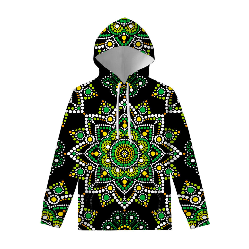 Green White Dot Mandala Print Pullover Hoodie