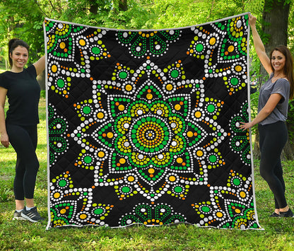 Green White Dot Mandala Print Quilt