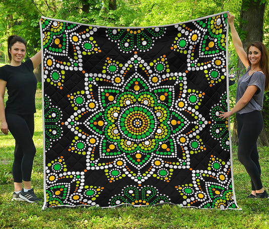 Green White Dot Mandala Print Quilt