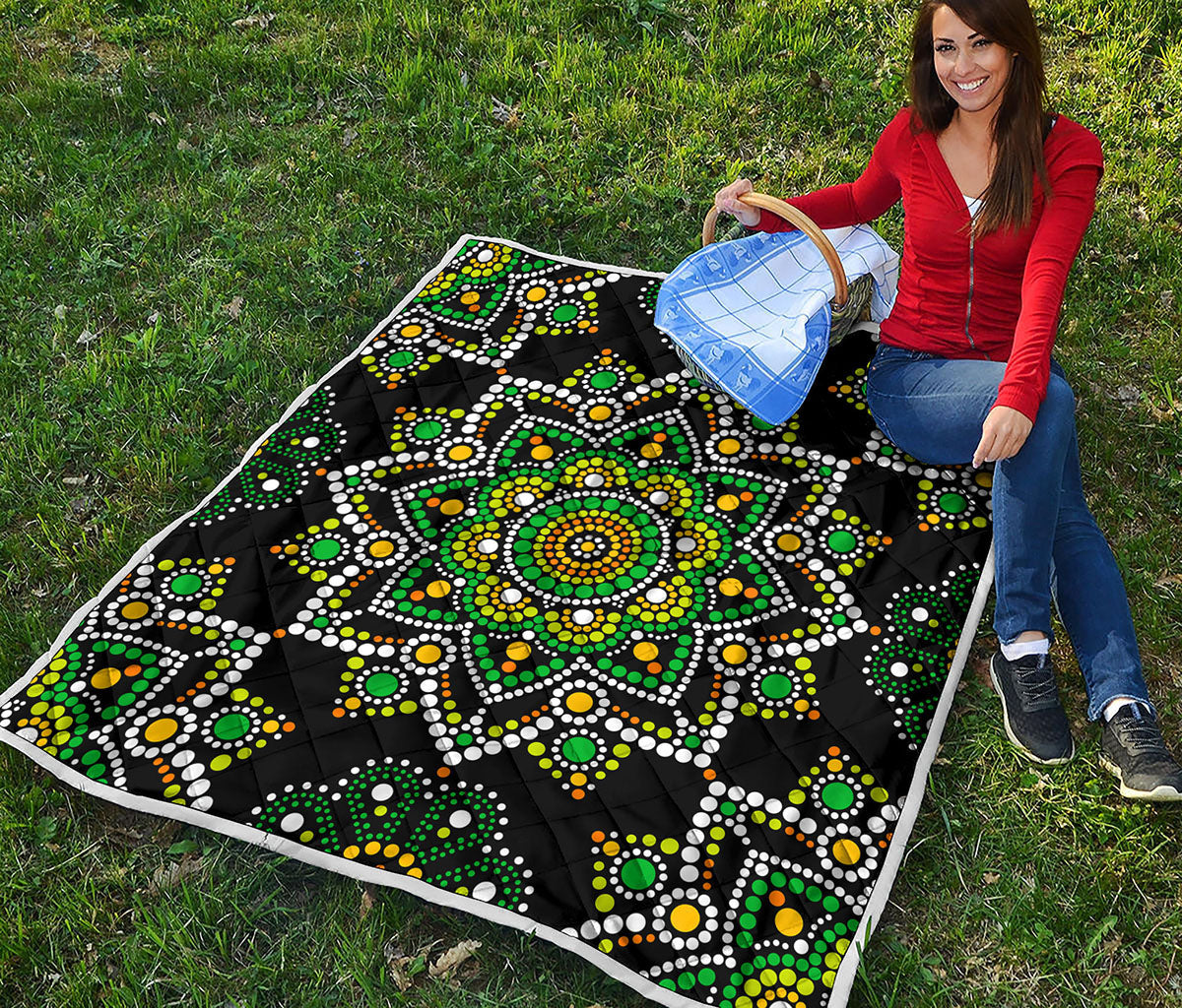 Green White Dot Mandala Print Quilt