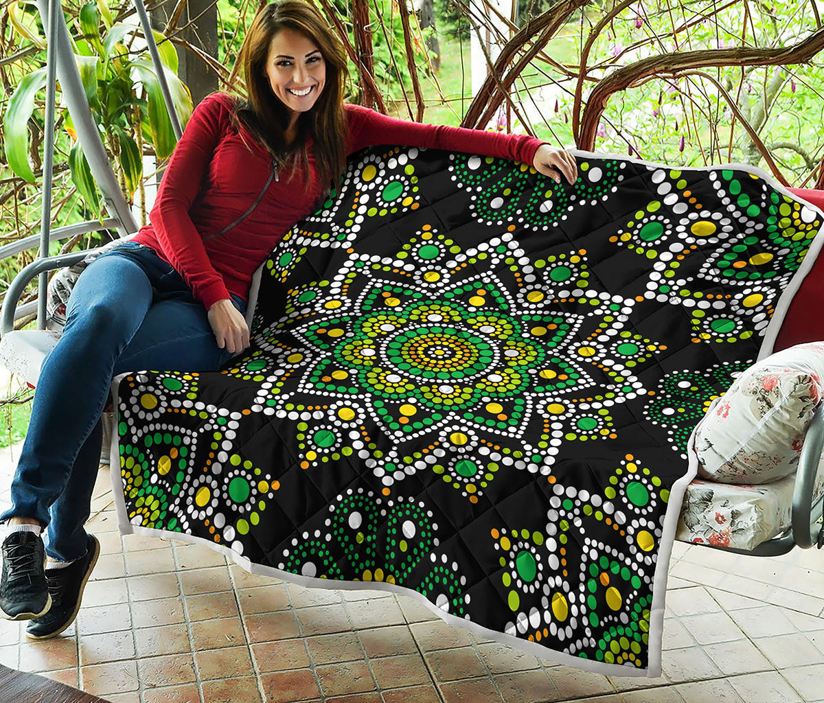 Green White Dot Mandala Print Quilt