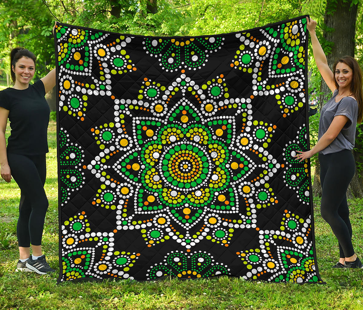 Green White Dot Mandala Print Quilt