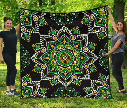 Green White Dot Mandala Print Quilt