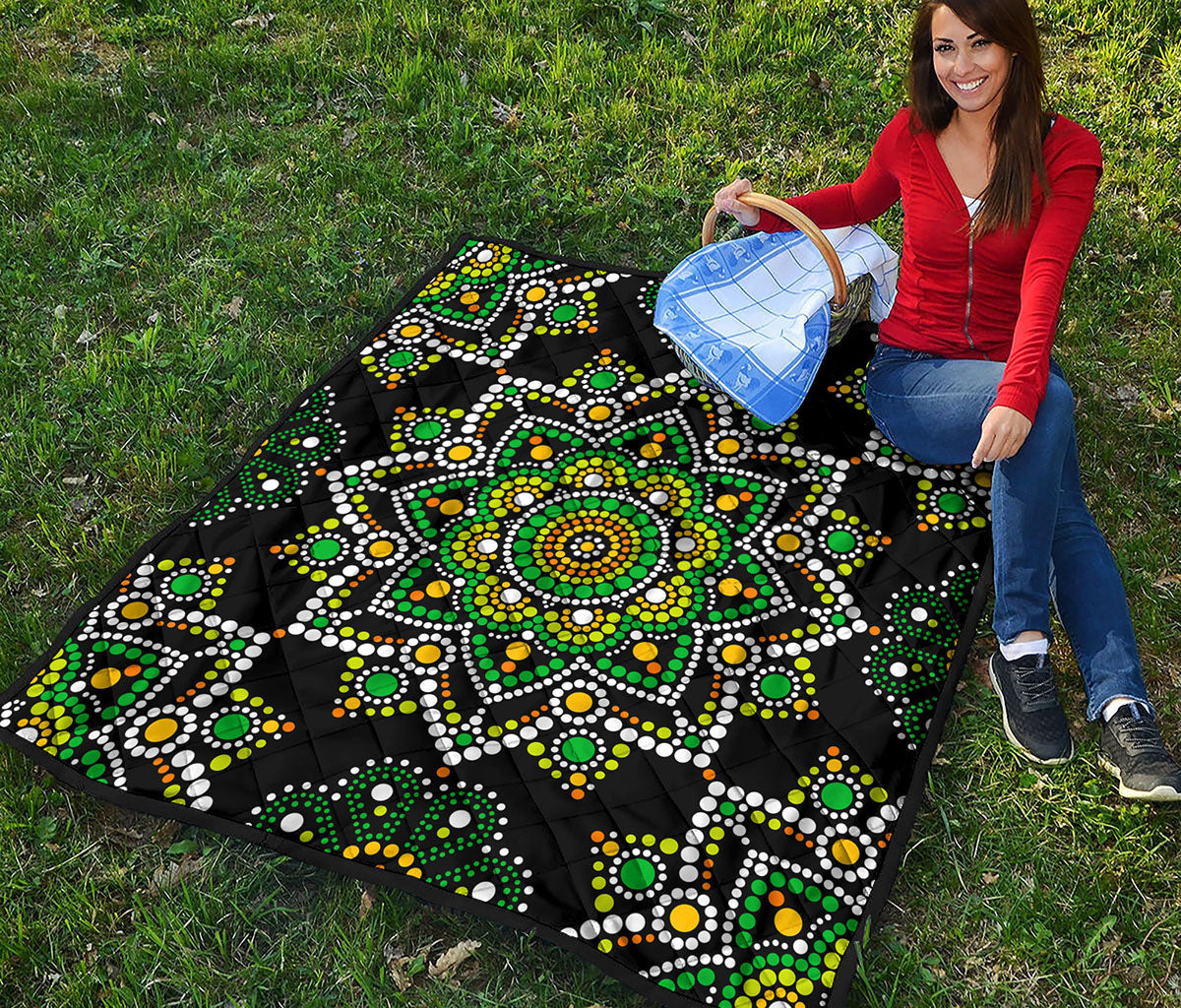 Green White Dot Mandala Print Quilt