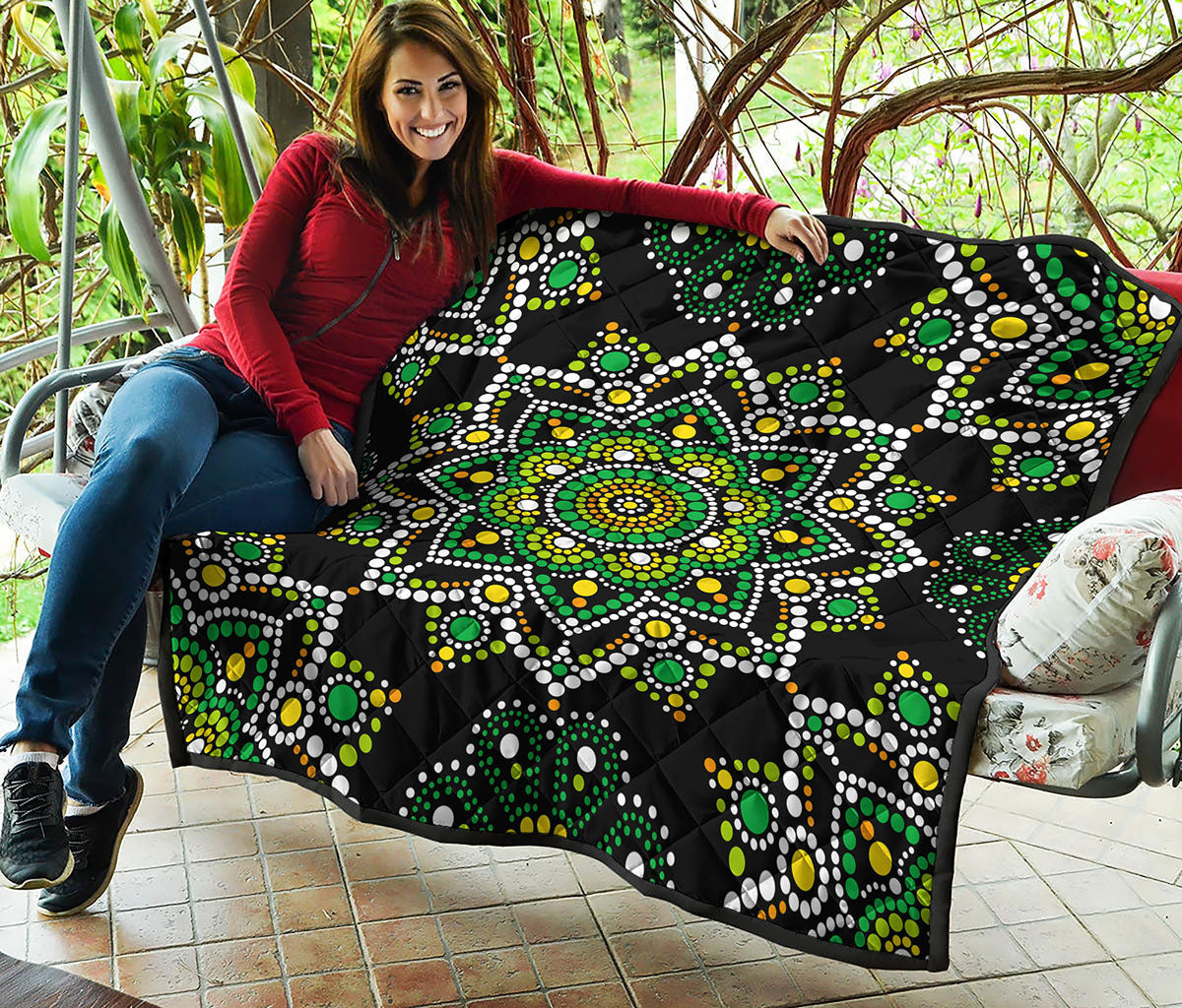 Green White Dot Mandala Print Quilt