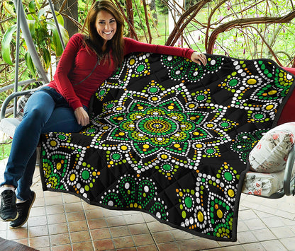 Green White Dot Mandala Print Quilt