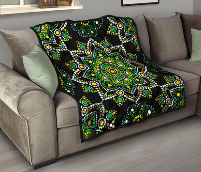 Green White Dot Mandala Print Quilt