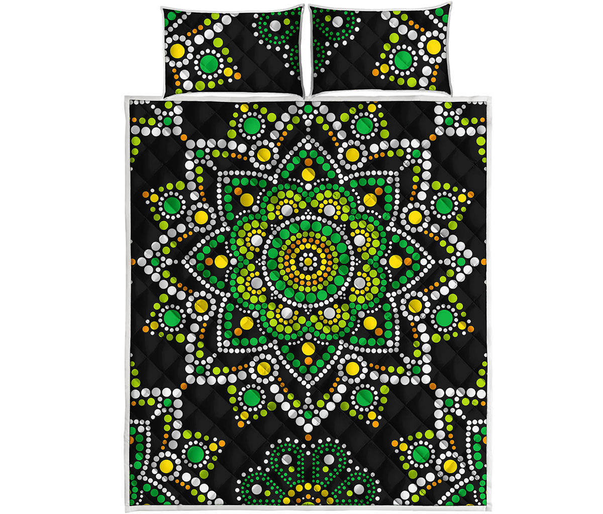 Green White Dot Mandala Print Quilt Bed Set