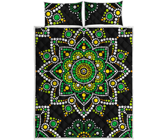 Green White Dot Mandala Print Quilt Bed Set