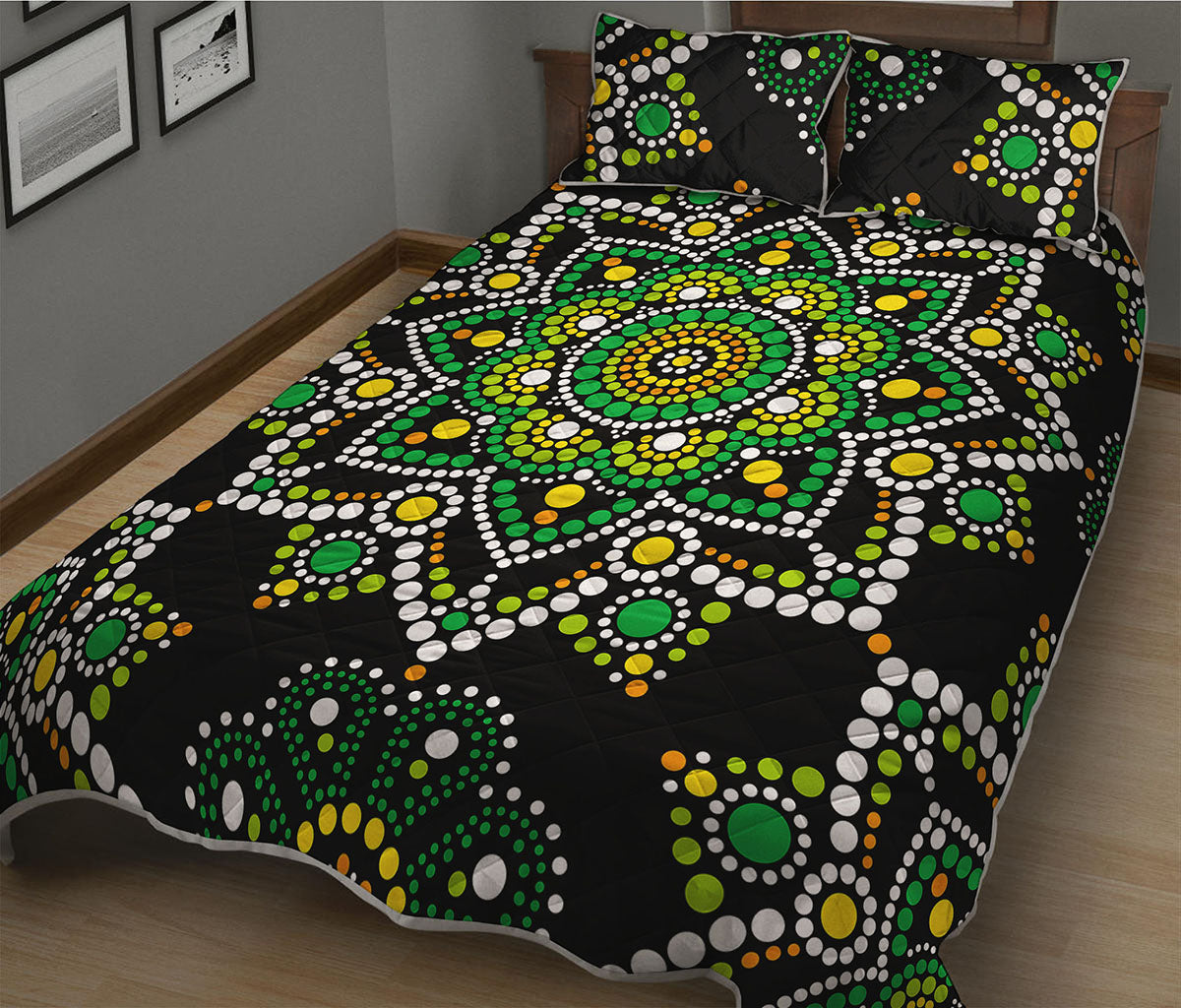 Green White Dot Mandala Print Quilt Bed Set