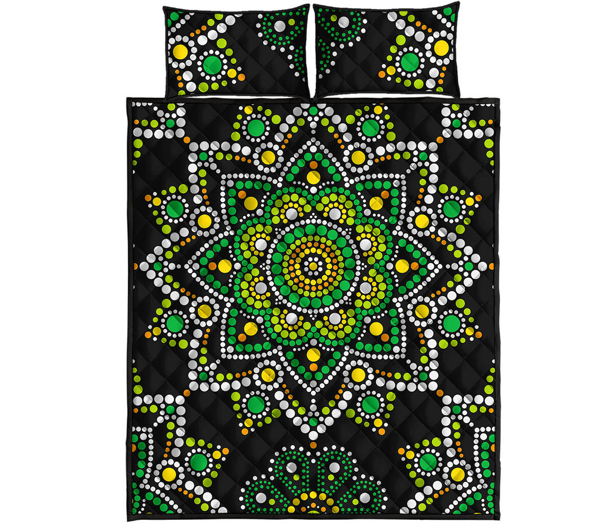 Green White Dot Mandala Print Quilt Bed Set