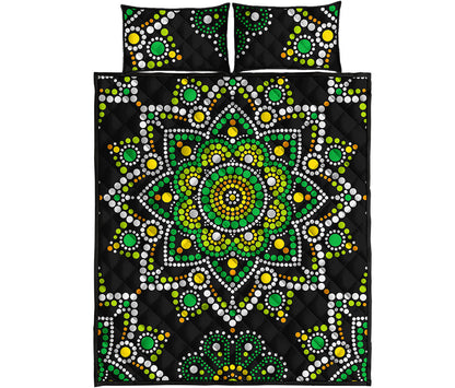 Green White Dot Mandala Print Quilt Bed Set