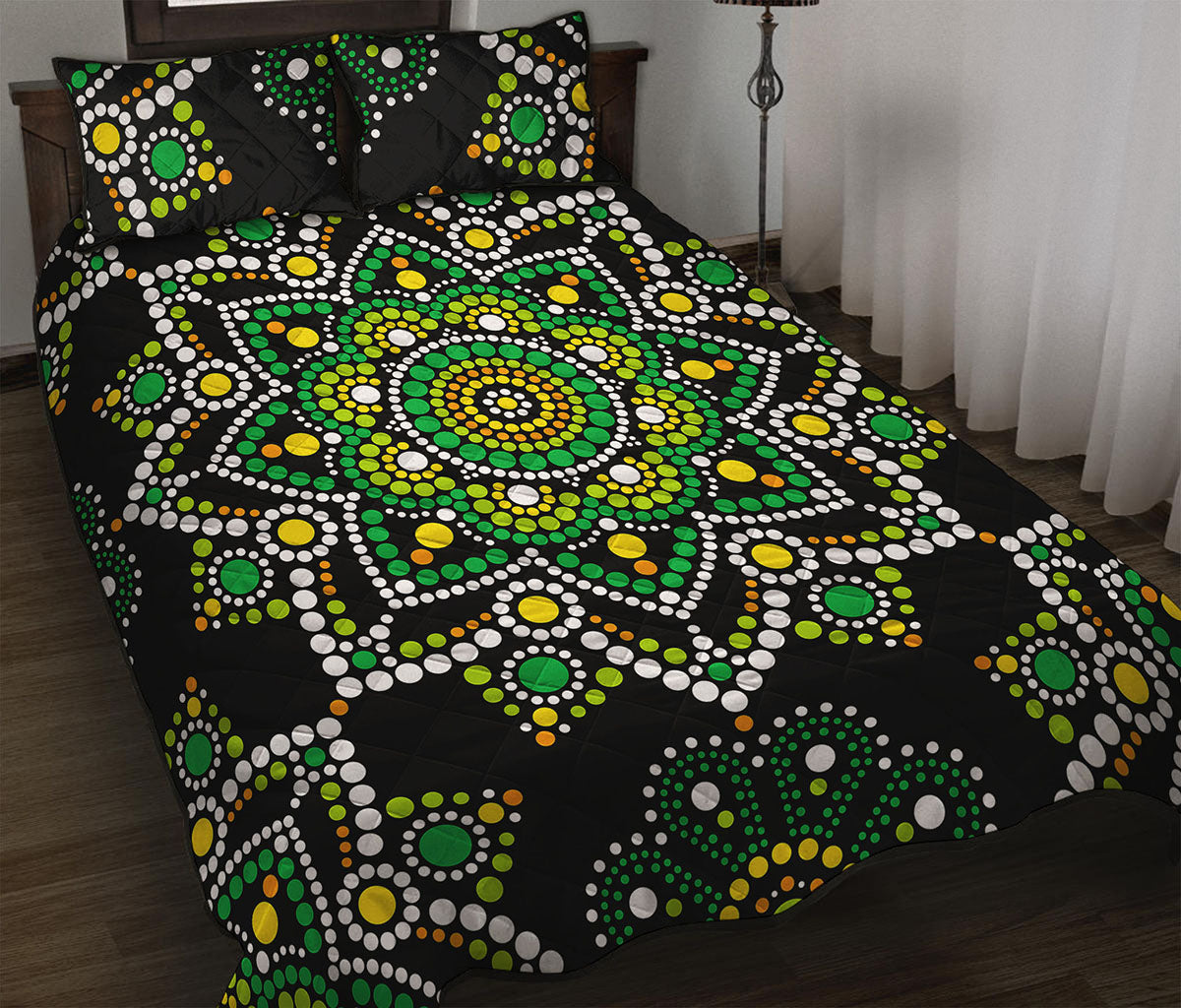 Green White Dot Mandala Print Quilt Bed Set