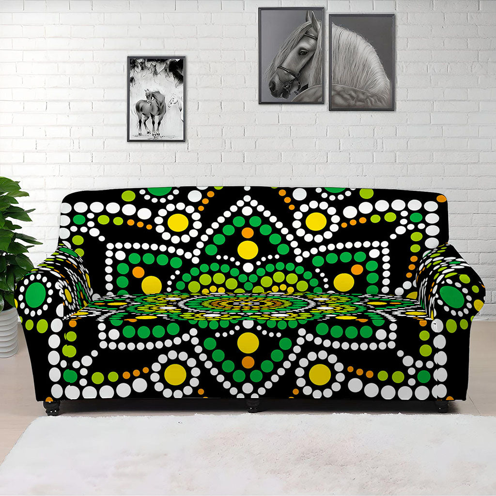 Green White Dot Mandala Print Sofa Cover