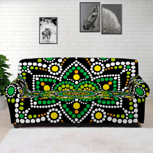 Green White Dot Mandala Print Sofa Cover
