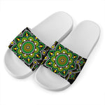 Green White Dot Mandala Print White Slide Sandals