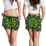 Green White Dot Mandala Print Women's Shorts