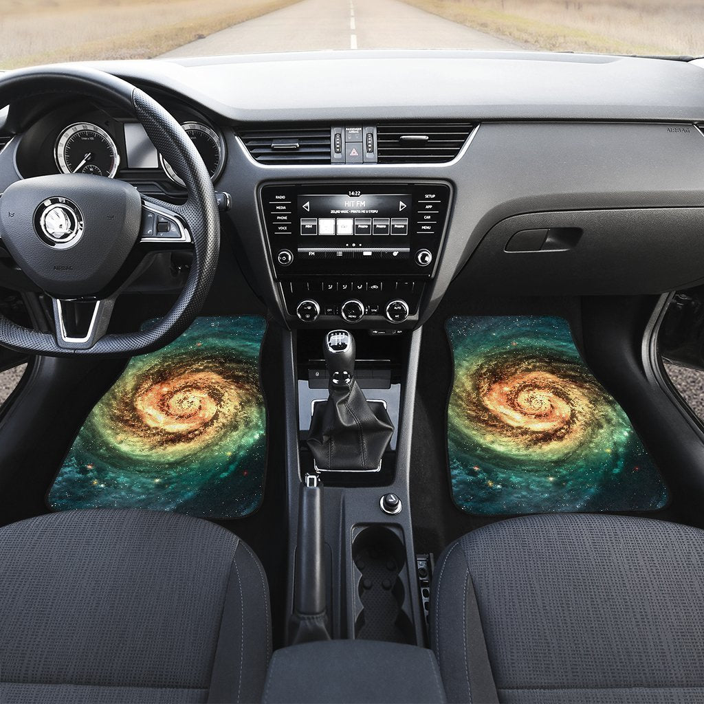 Green Yellow Spiral Galaxy Space Print Front and Back Car Floor Mats GearFrost