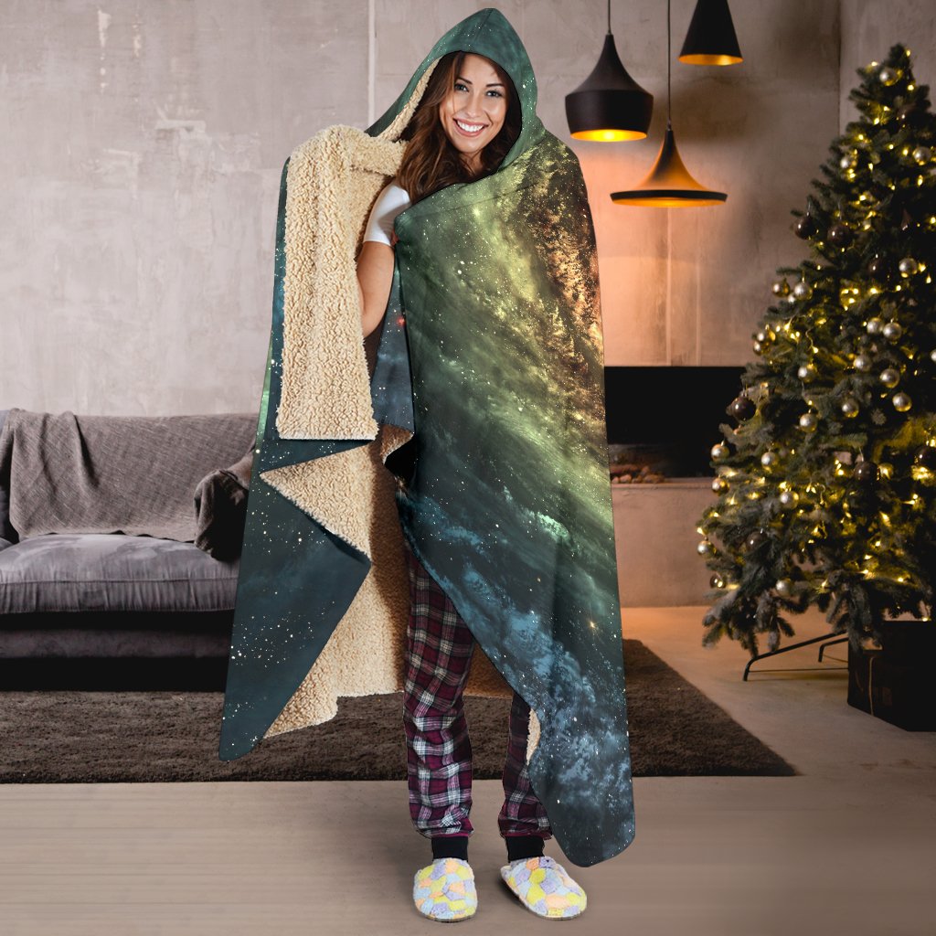 Green Yellow Spiral Galaxy Space Print Hooded Blanket GearFrost