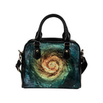 Green Yellow Spiral Galaxy Space Print Leather Shoulder Handbag GearFrost