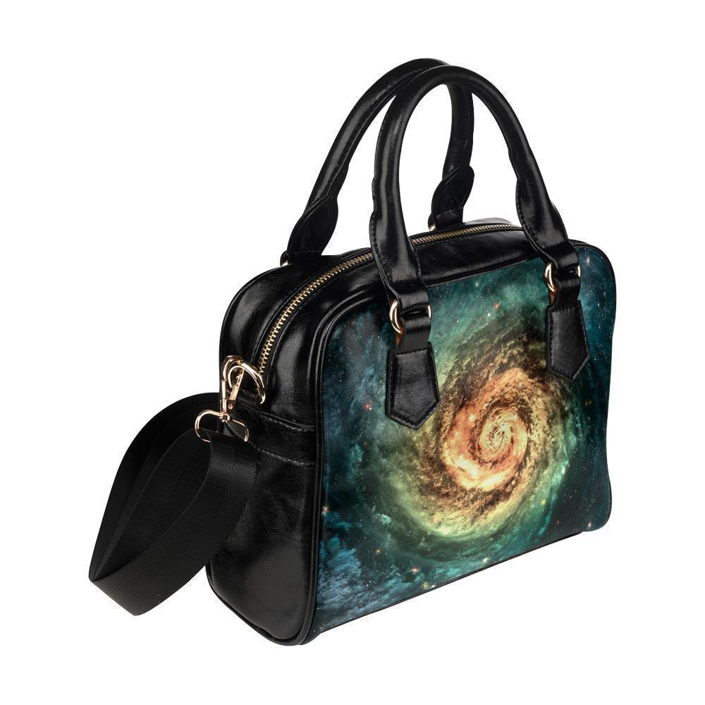 Green Yellow Spiral Galaxy Space Print Leather Shoulder Handbag GearFrost