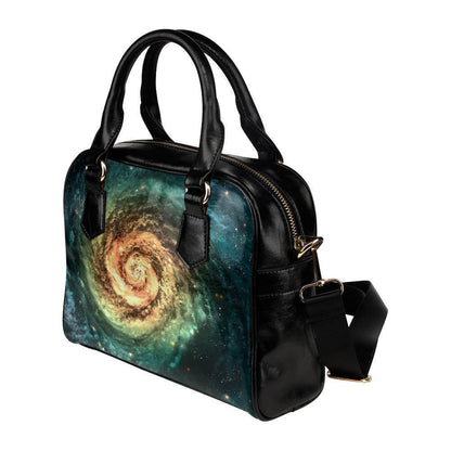 Green Yellow Spiral Galaxy Space Print Leather Shoulder Handbag GearFrost