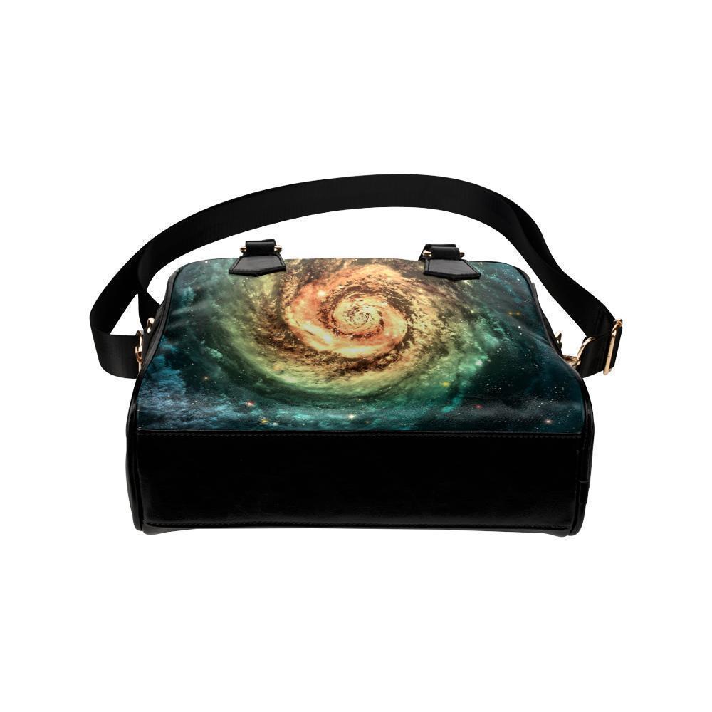 Green Yellow Spiral Galaxy Space Print Leather Shoulder Handbag GearFrost