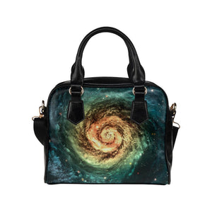 Green Yellow Spiral Galaxy Space Print Leather Shoulder Handbag GearFrost