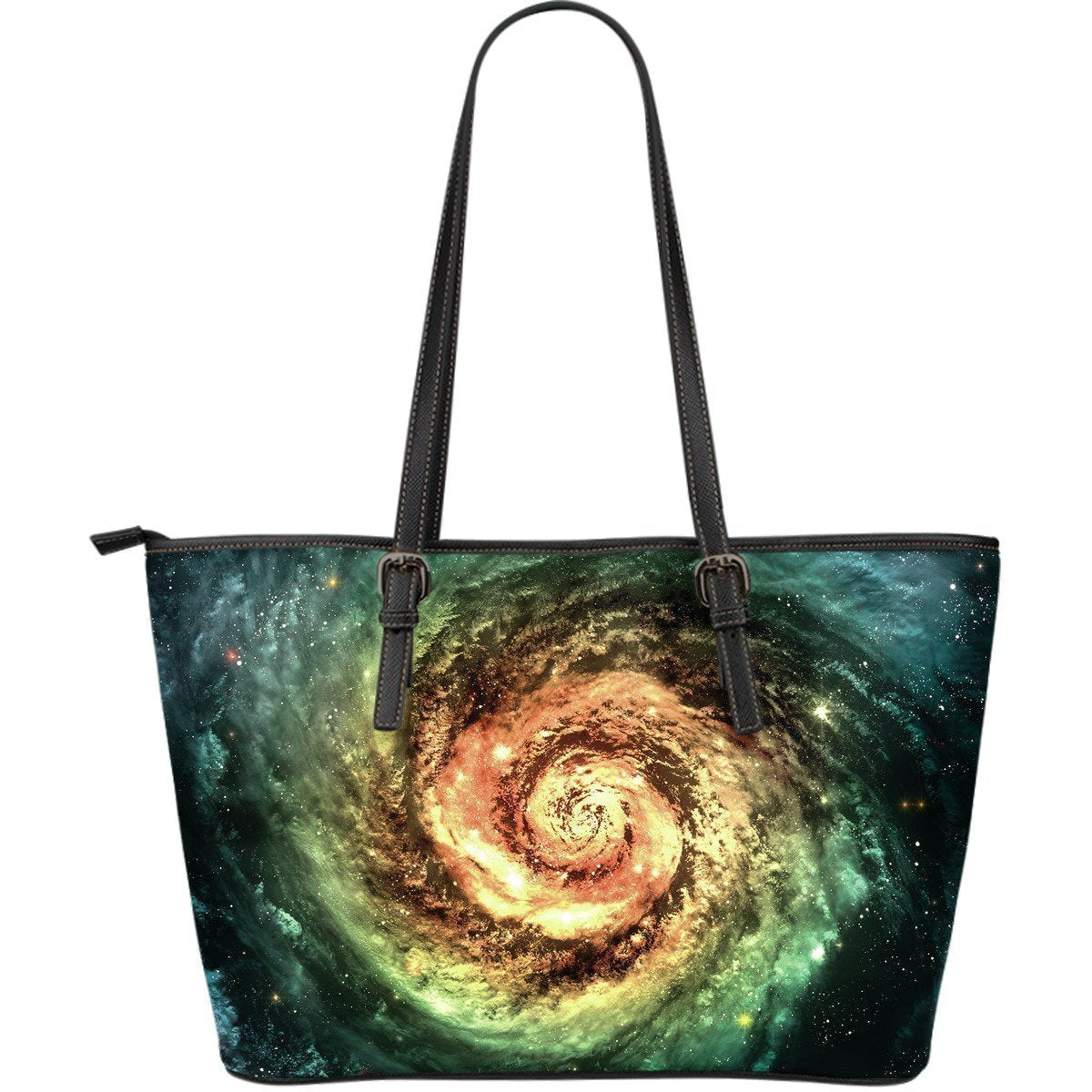 Green Yellow Spiral Galaxy Space Print Leather Tote Bag GearFrost