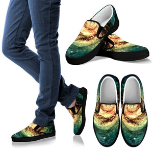 Green Yellow Spiral Galaxy Space Print Men's Slip On Shoes GearFrost